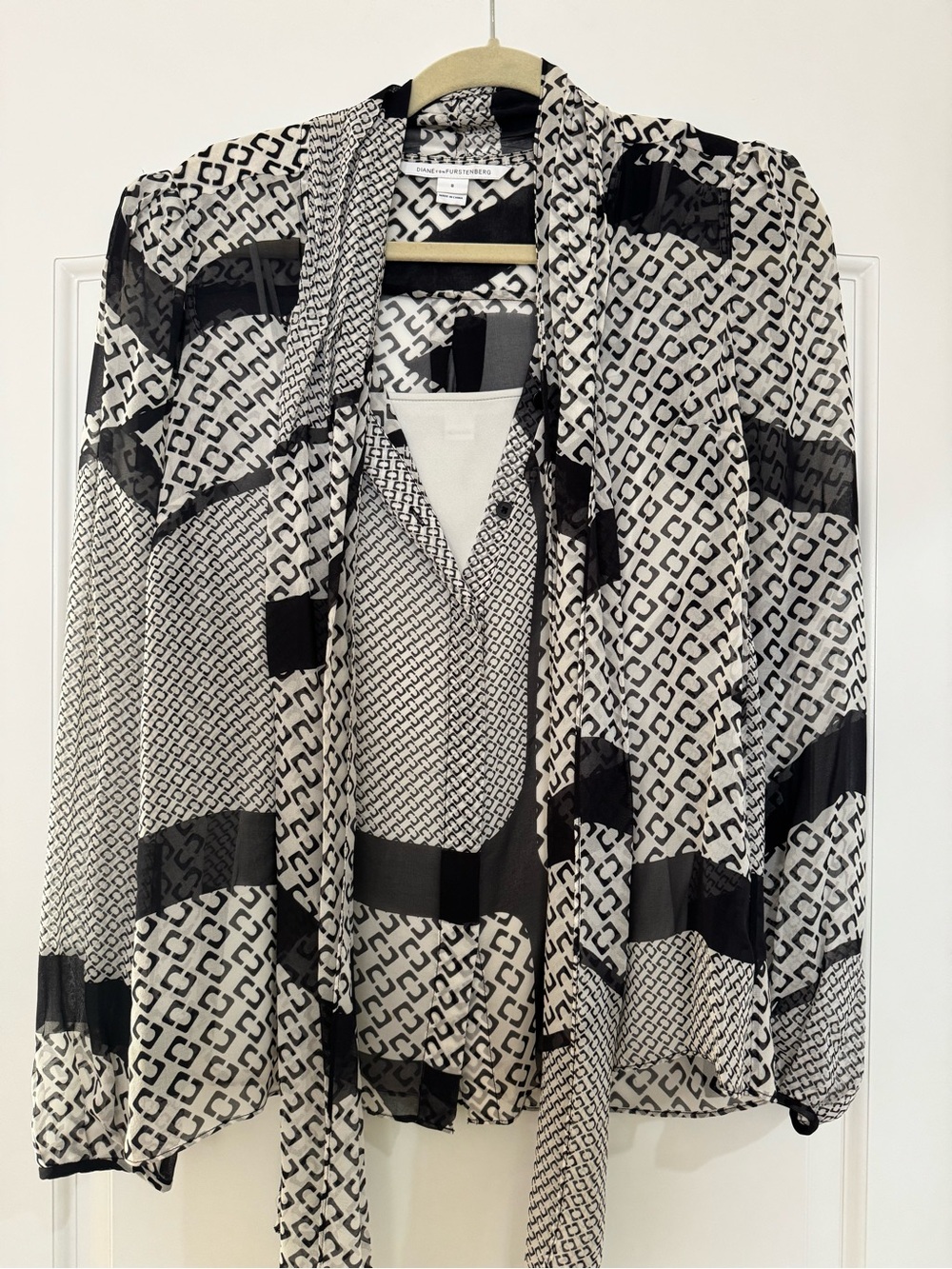 Diane Von Furstenberg Black and White Patterned Blouse with Scarf Tie